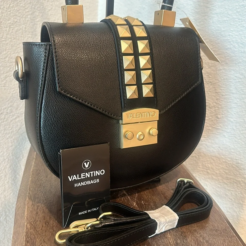 Authentic!Valentino By Mario Valentino Black Arletty Rockstud Leather Saddle New - Picture 11 of 12
